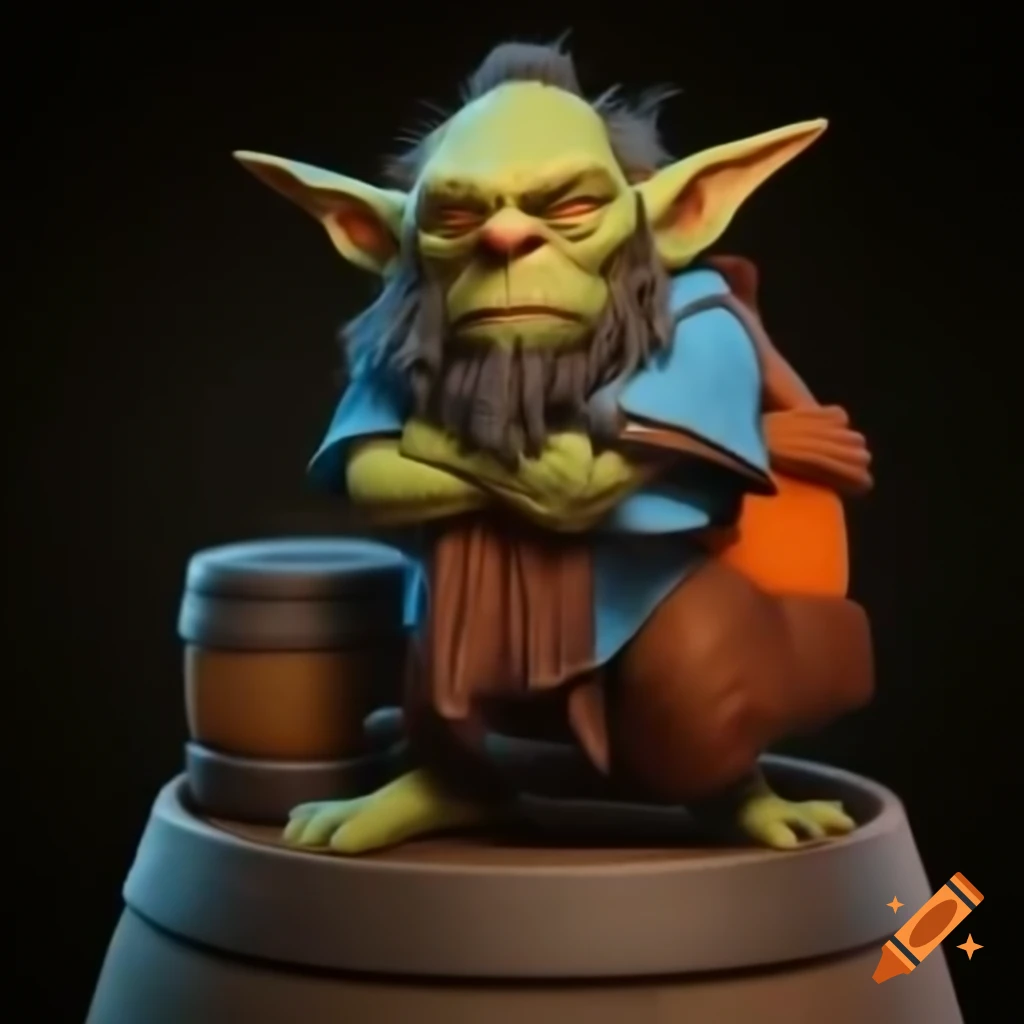 Goblin with orange and blue robes making potions while sitting on a barrel