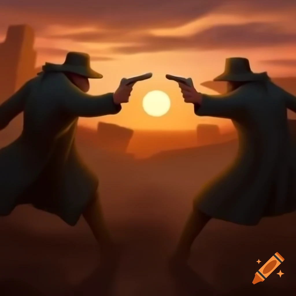 Dramatic standoff between two figures in duster coats at sunset