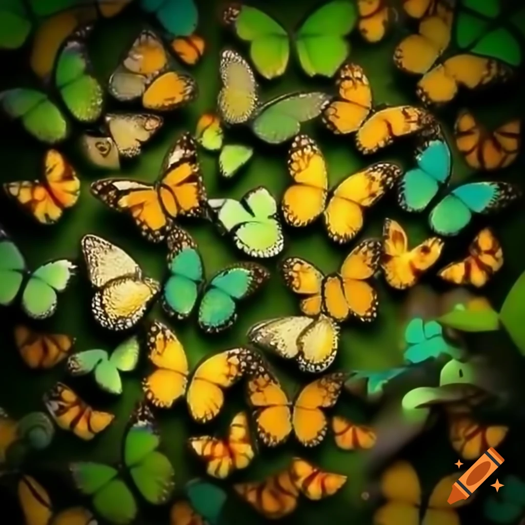 Swarm of colorful butterflies in flight