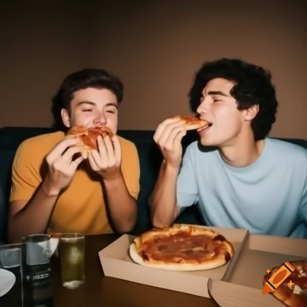 Two men participating in a pizza eating contest