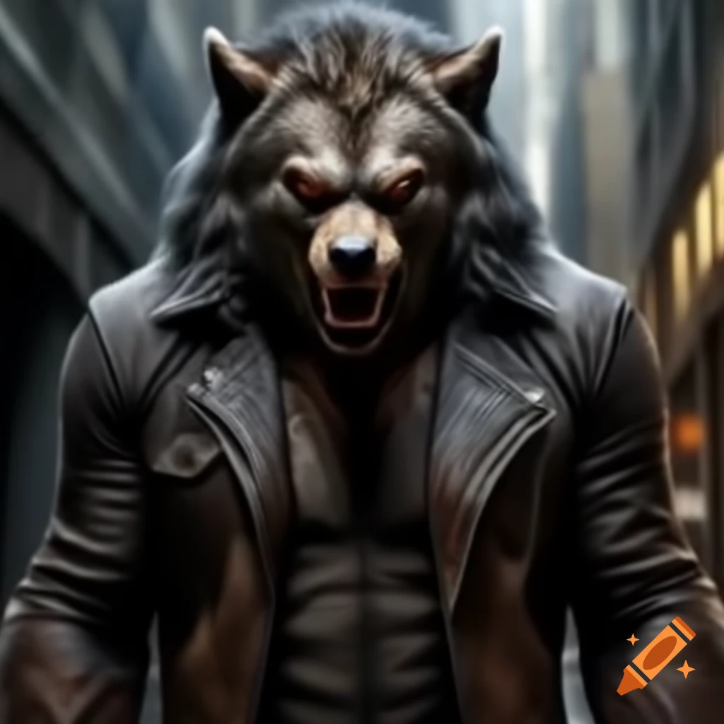 Werewolf in leather jacket stalking in city alleyway