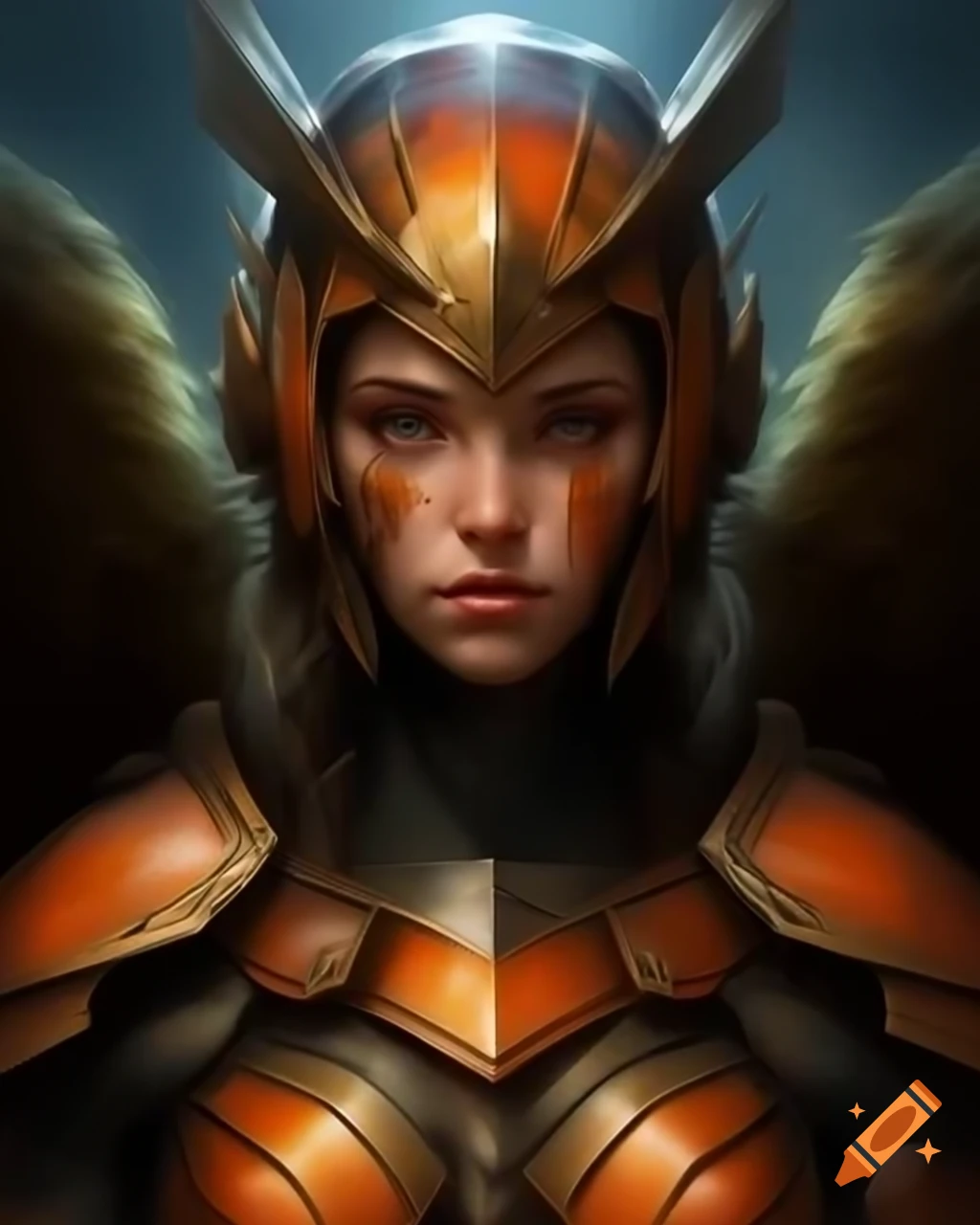Fallen Angel superhero in orange and silver armor with helmet on Craiyon
