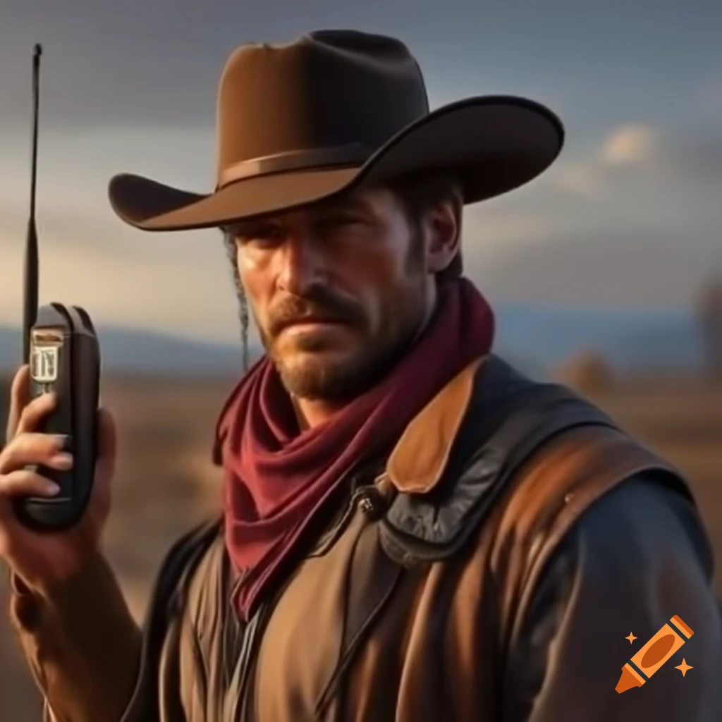 Lonely cowboy holding handheld VHF transceiver