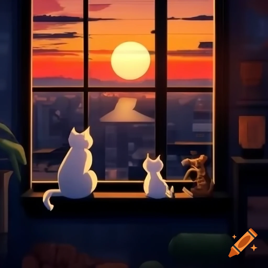 Gorgeous sunset over city with two cats on building facade illuminated ...