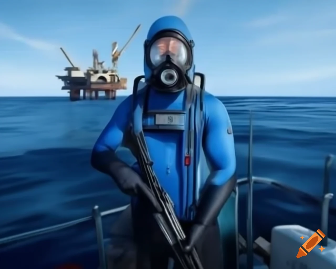 Person in blue hazardsuit and gasmask on small boat near deep-sea oil rig