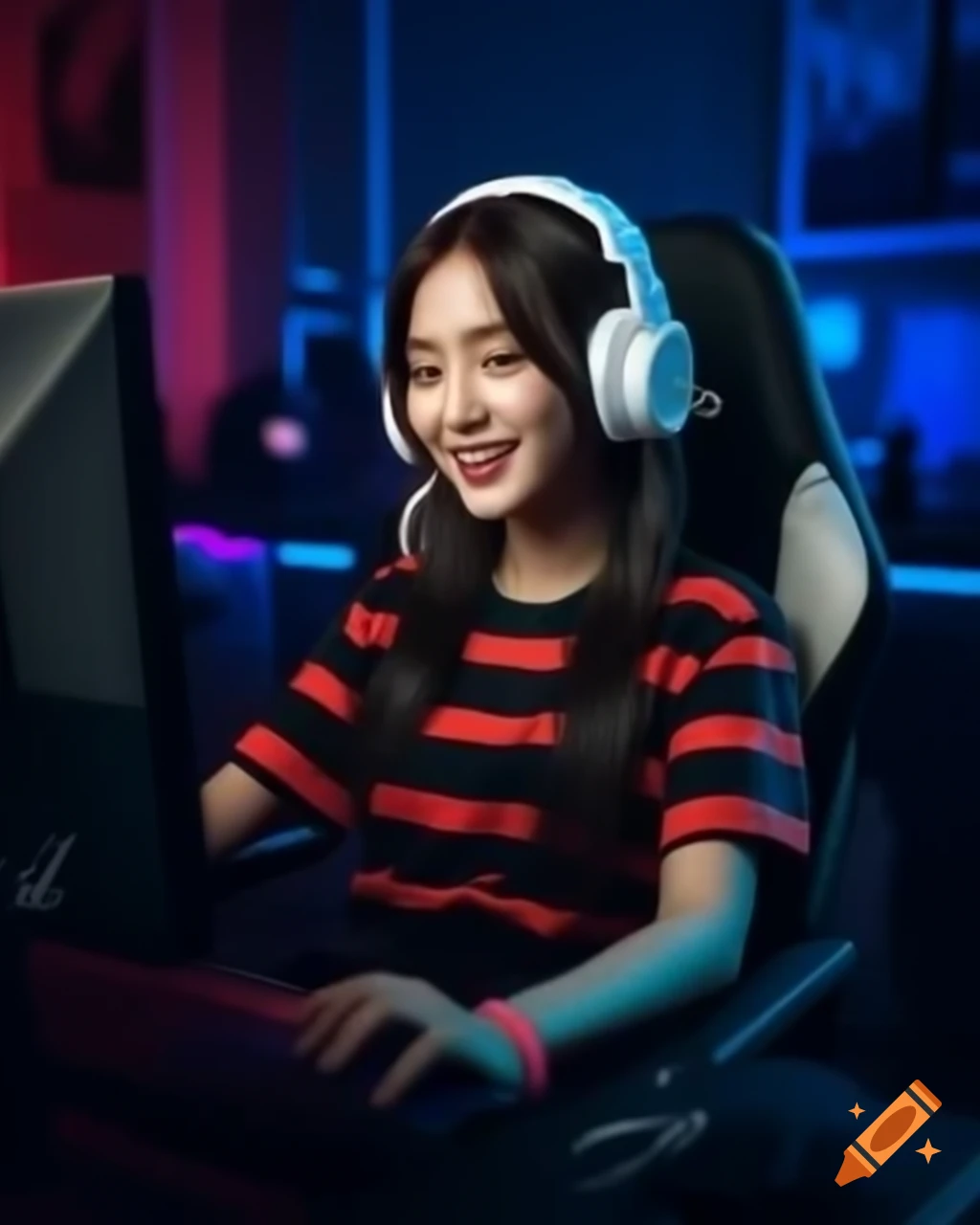 Realistic portrait of a Korean gamer smiling in a gaming chair with headphones