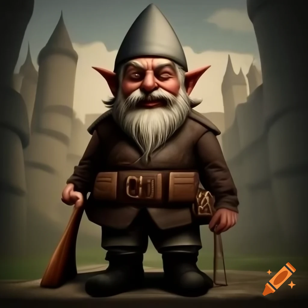 Brave gnome with flintlock rifle standing against imposing castle
