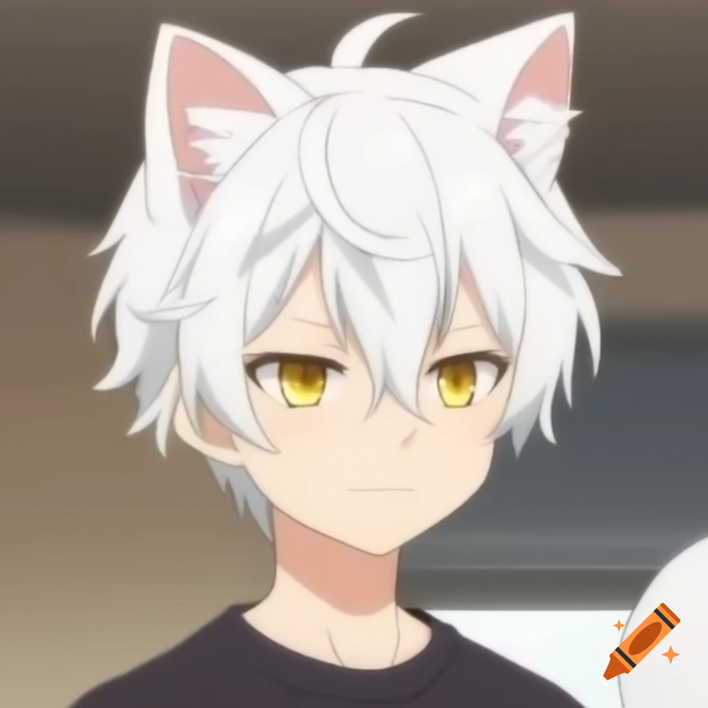 Anime man with white cat ears and shaggy hair as a talk radio host