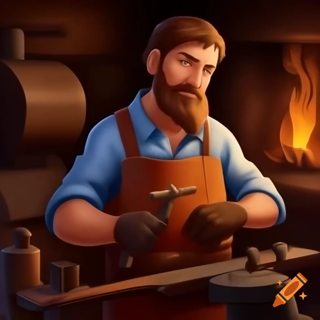 Skinny blacksmith from the 1600s working at a forge with cross necklace