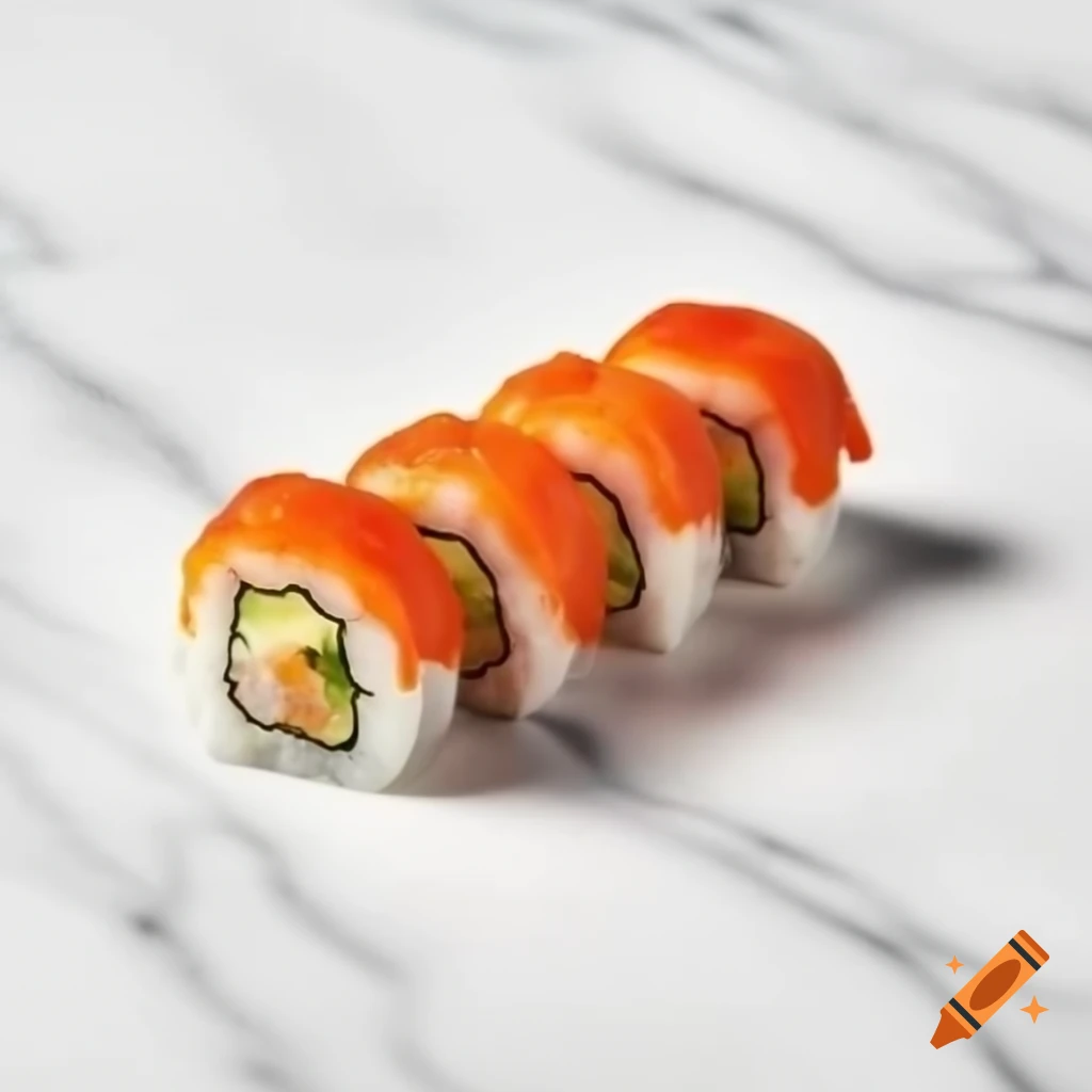 Spicy tuna roll sushi on white marble background