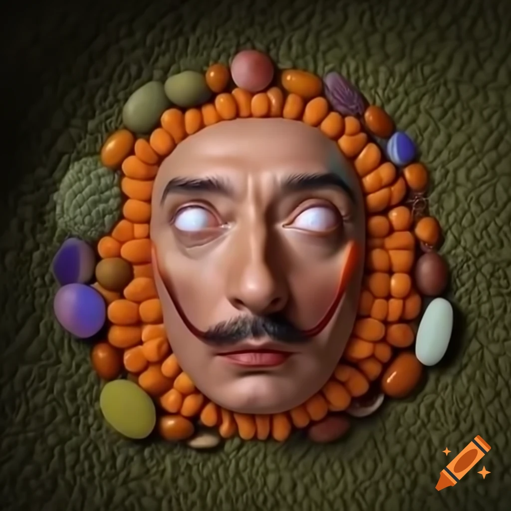 Whimsical mosaic of Salvador Dali in vibrant lentils showcasing surrealism