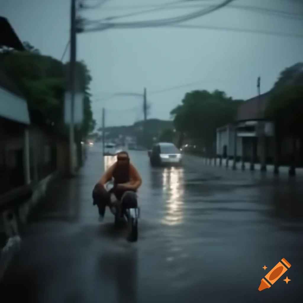 City illustration of Yogyakarta at night during heavy rain featuring Tugu Jogja