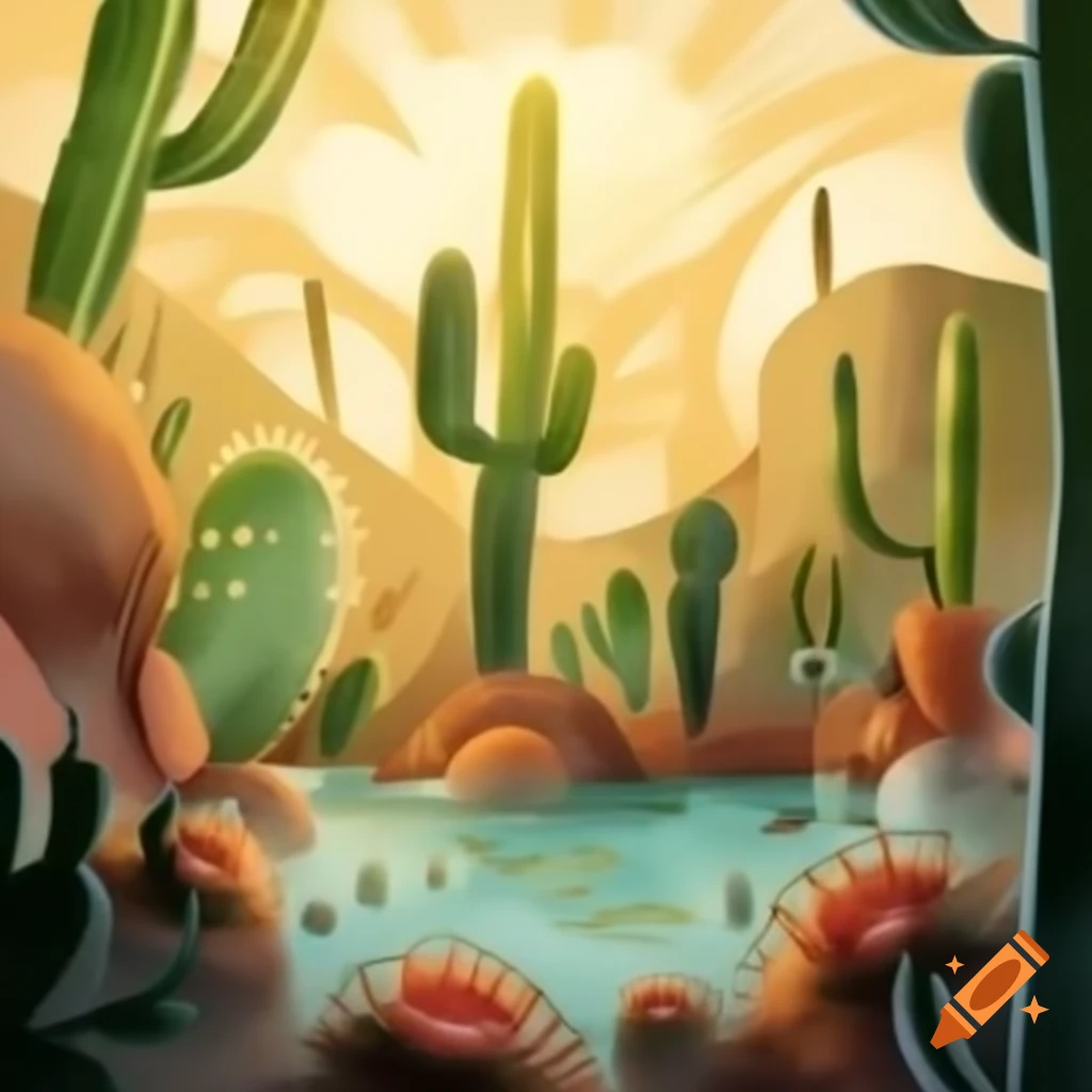 Cactus oasis illustration featuring giant cacti and flowers with magical aura around water