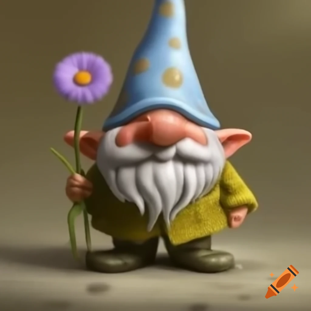 Cute gnome with white beard and blue mushroom cap holding purple daisy