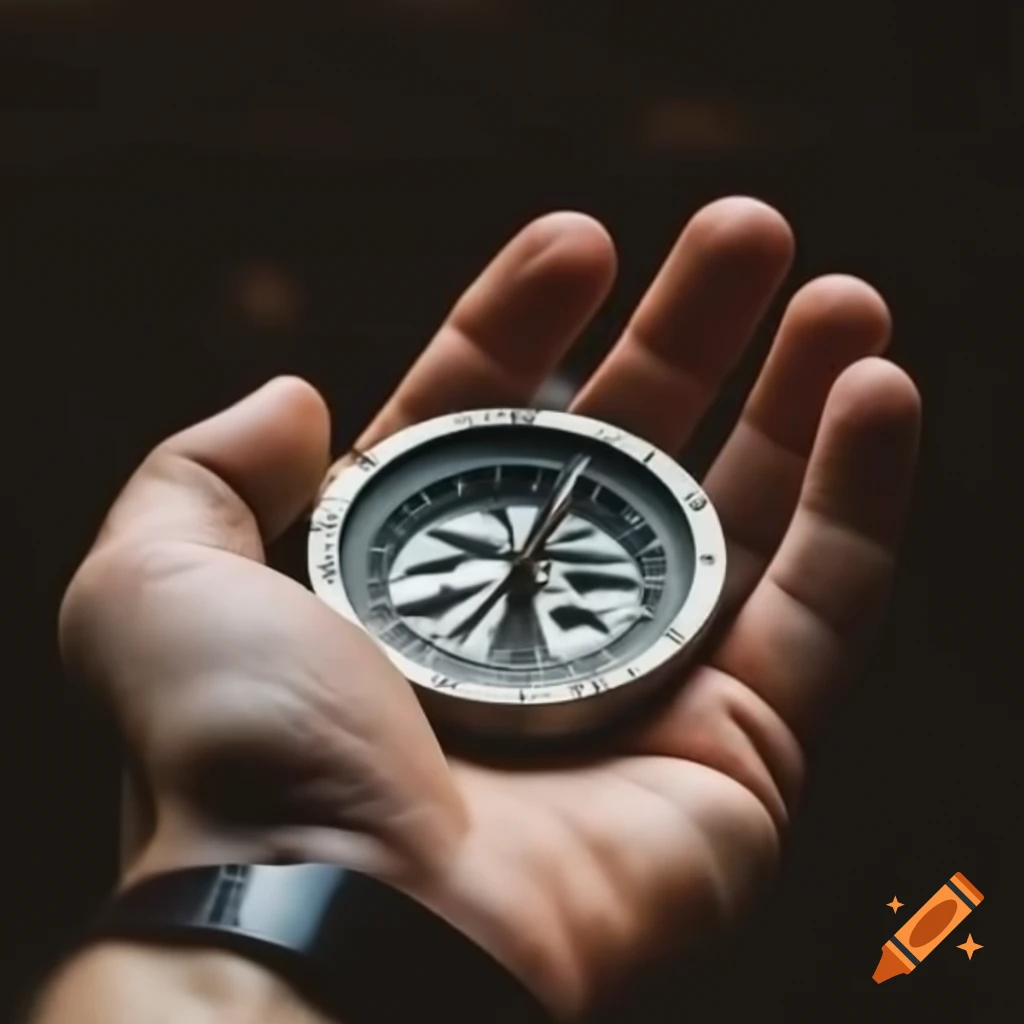 Compass pointing north held in hand against a dark background