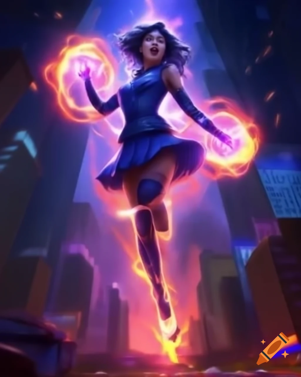 Youthful hero surrounded by radiant light with neon city skyline on Craiyon
