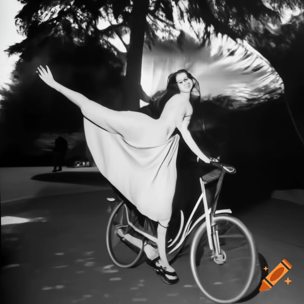 Italian beauty riding bicycle in garden with linen dress on Craiyon