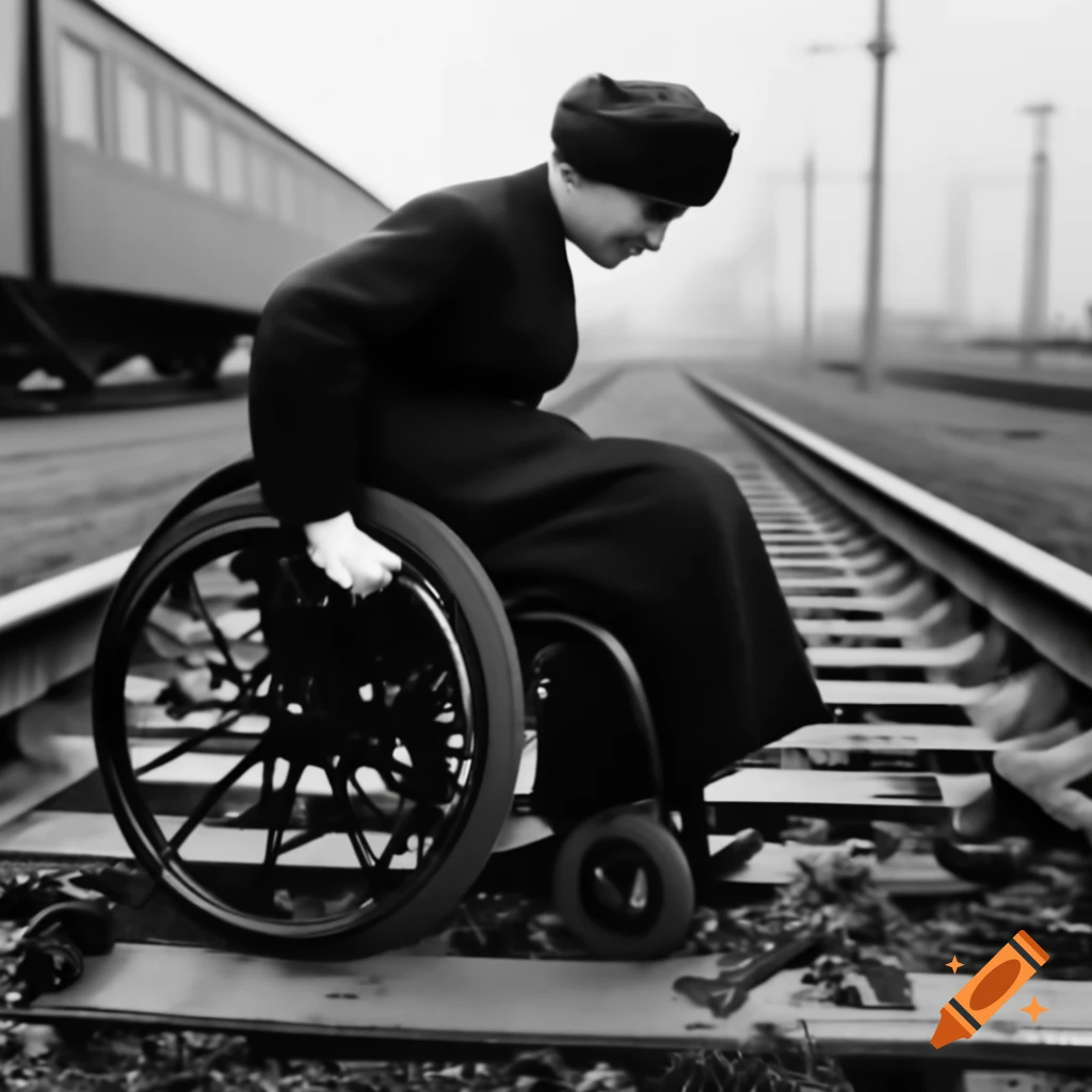 Soviet woman in wheelchair near fallen rails
