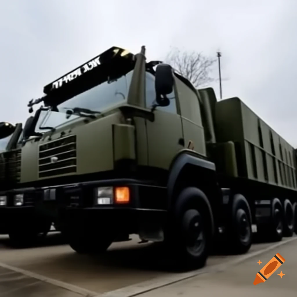Military truck parked in front of base, side view