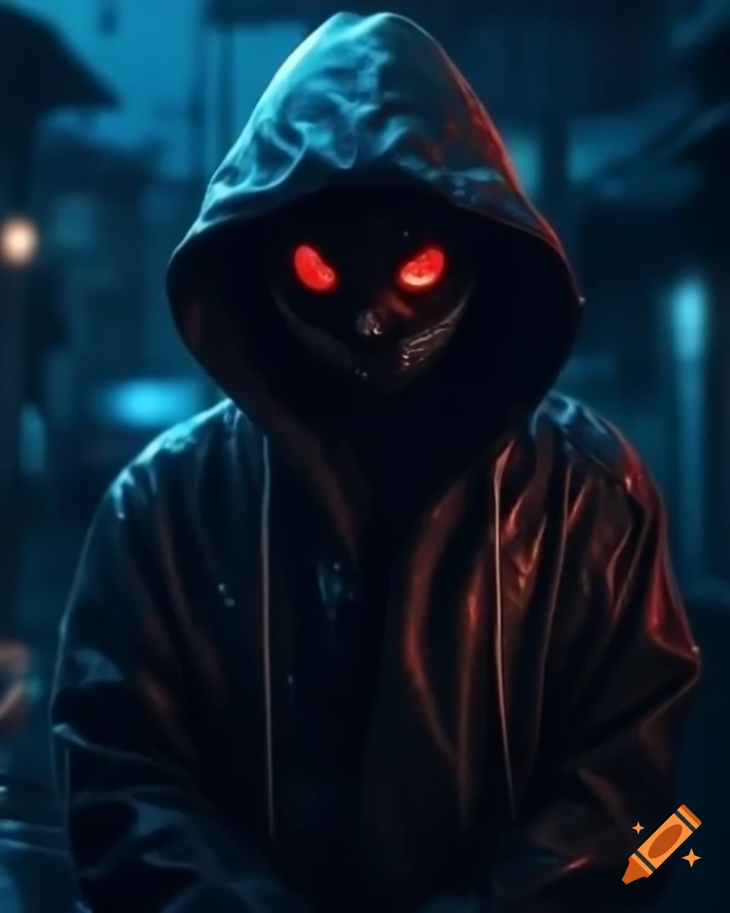 Mysterious figure in the rain with glowing red eyes on Craiyon