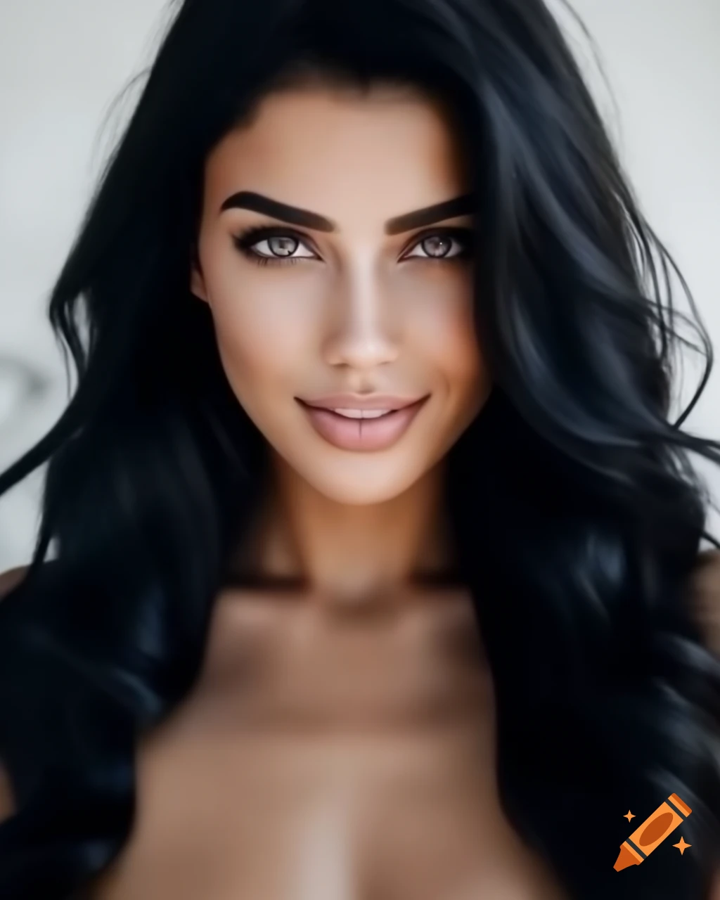 Elegant Israeli woman with brown eyes and long black hair smiling confidently