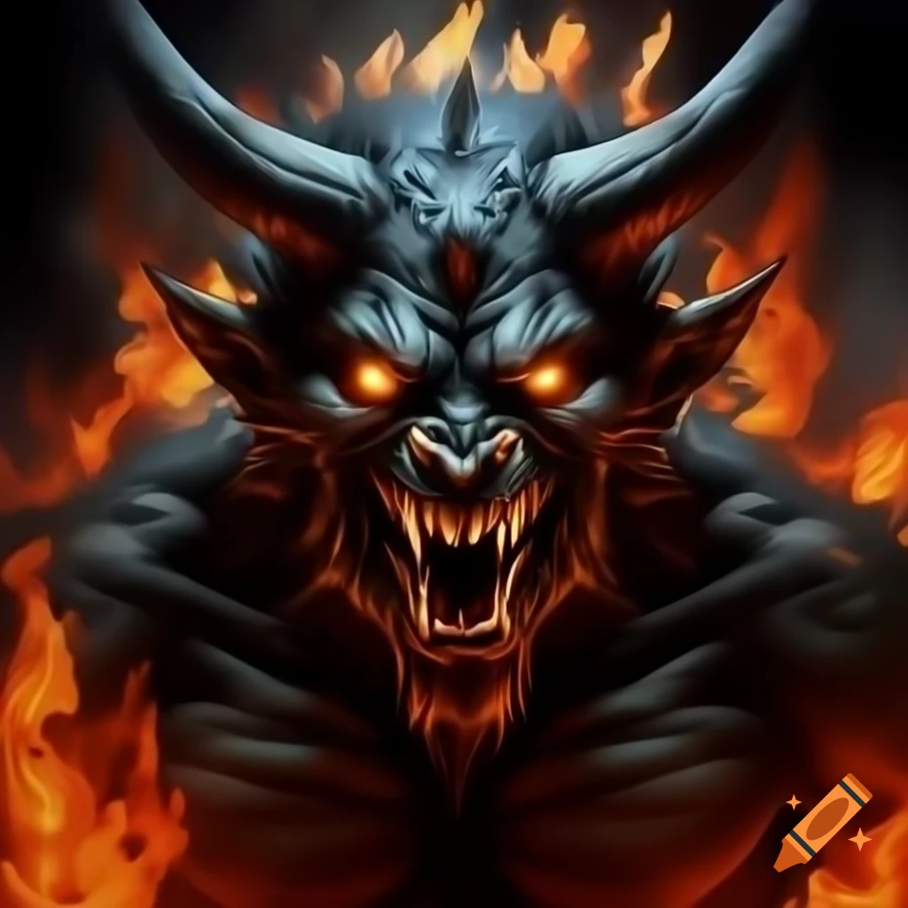 Demons Have Sharp Demon with horns and sharp teeth surrounded by flames in oil painting ...