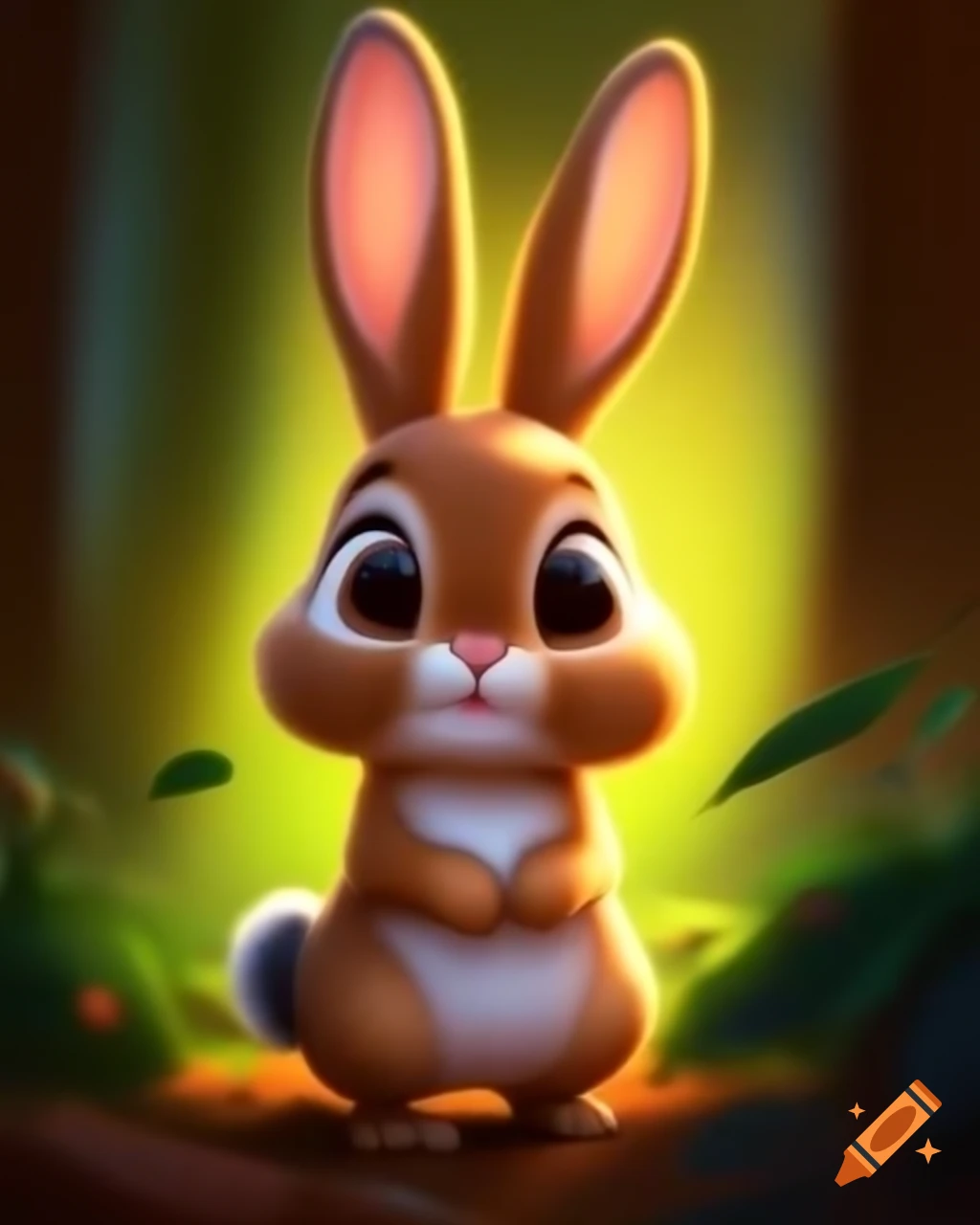 Cute bunny with big eyes standing in forest with soft light