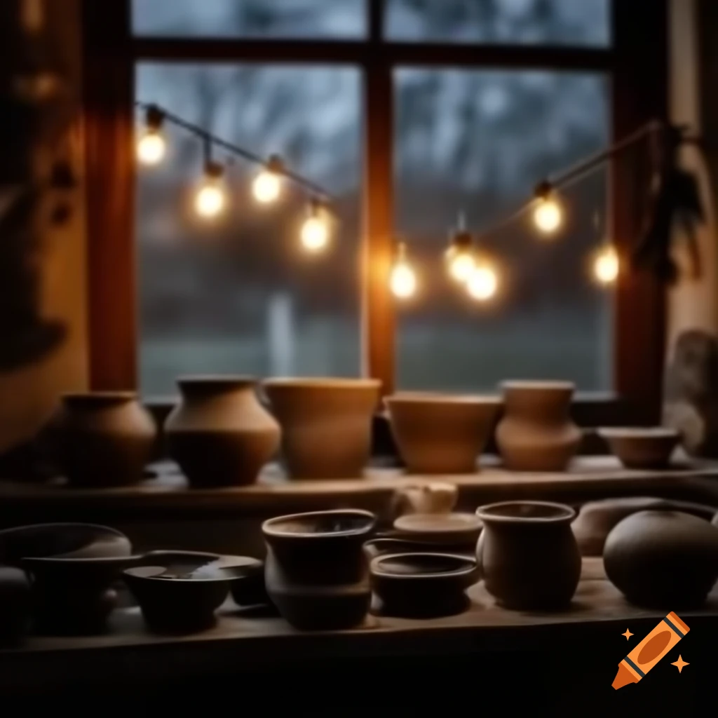 Pottery workshop with pots on windowsill and warm light garland