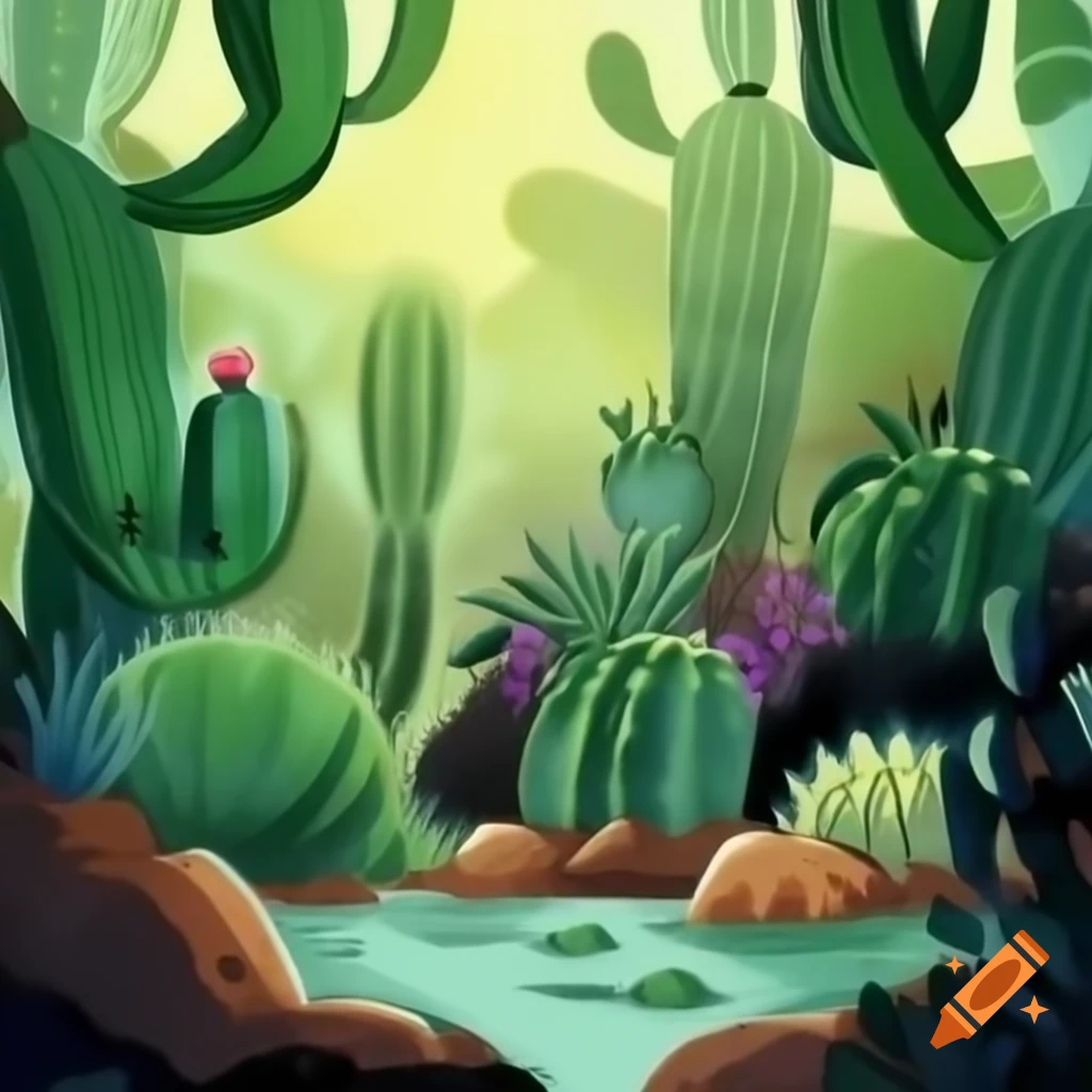 Cactus oasis illustration featuring giant cacti and flowers with magical aura around water