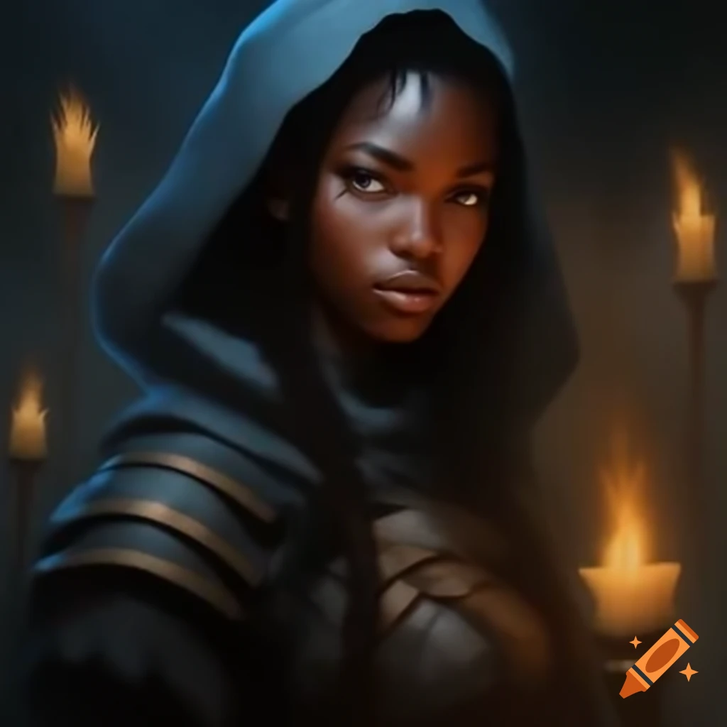 Warrior black witch with a hood and sword in a glade with backlight