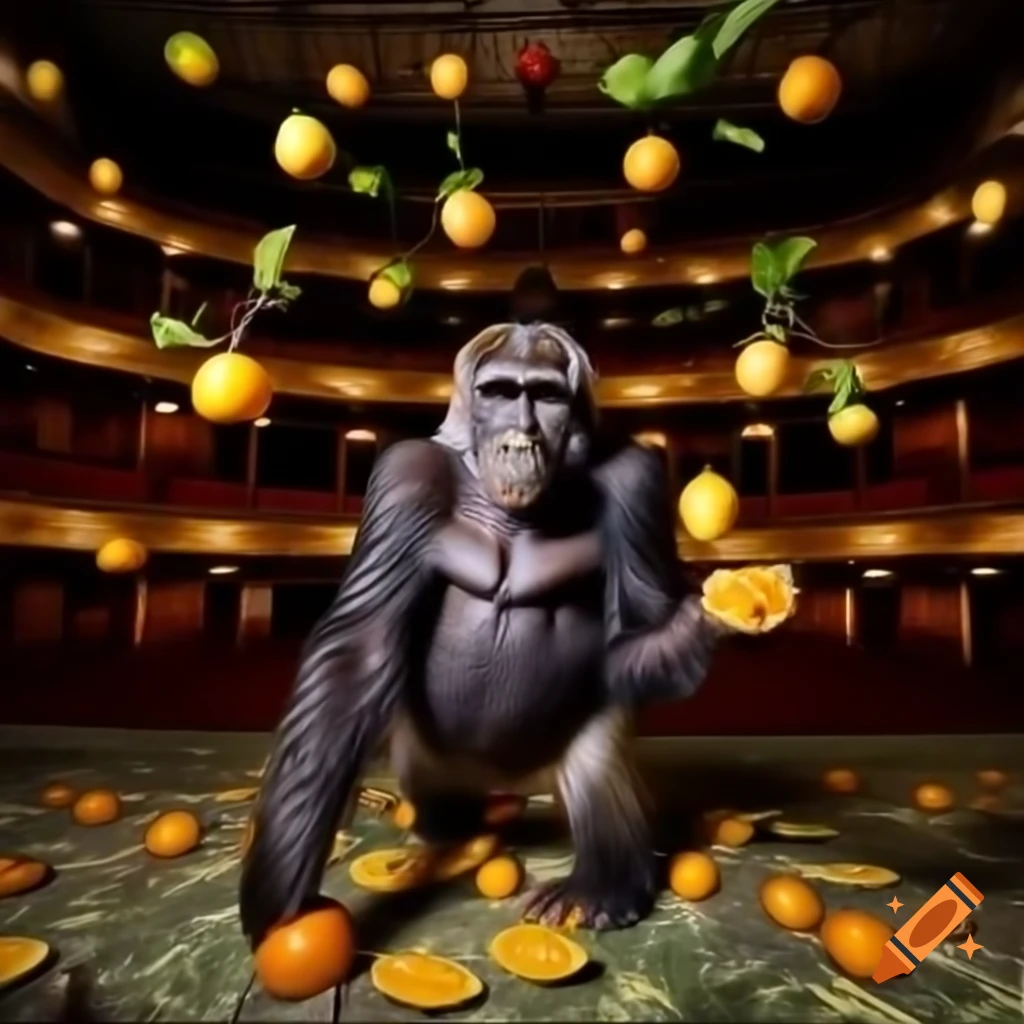 Gorillas playing with citrus fruits in abandoned movie theater