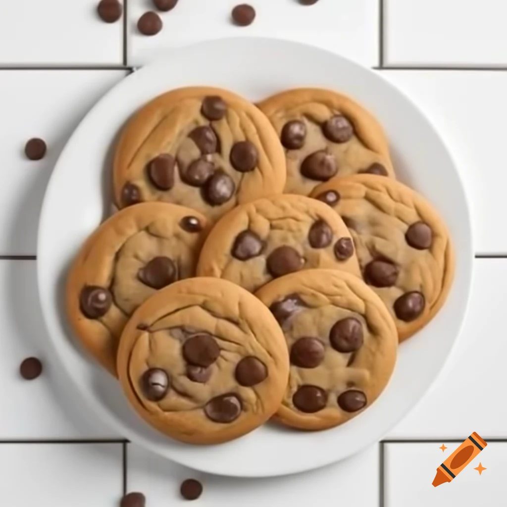 Plate of chocolate chip cookies on white tile countertop