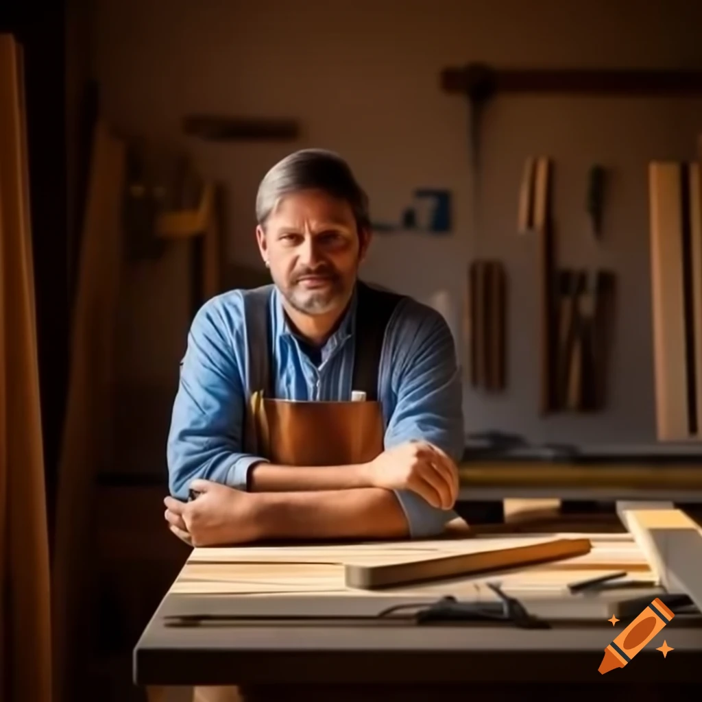 Carpenter working on wooden table in warmly lit workshop