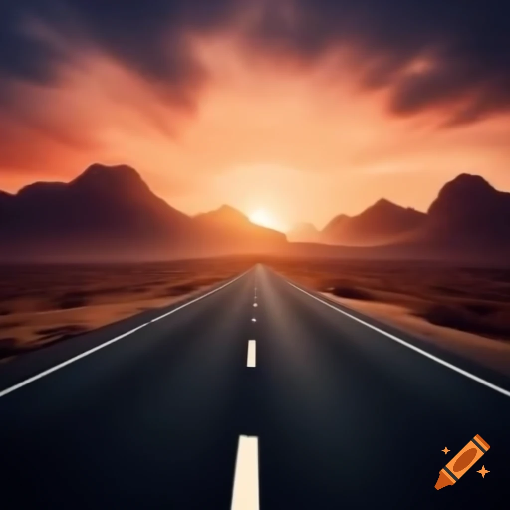Sunset behind mountains with road and person silhouette symbolizing growth and ambition