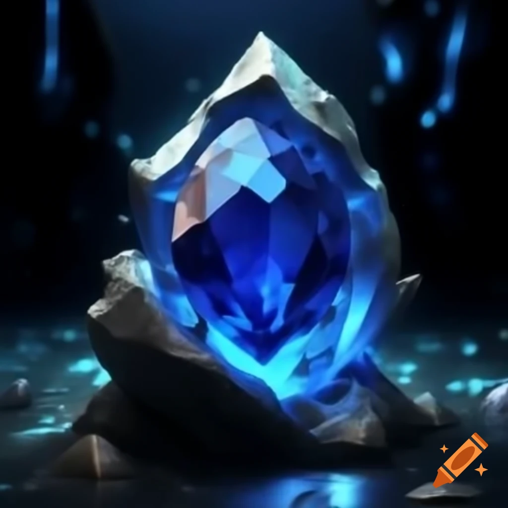 Sapphire blue mana gem glowing in obsidian cave, unique and pulsating