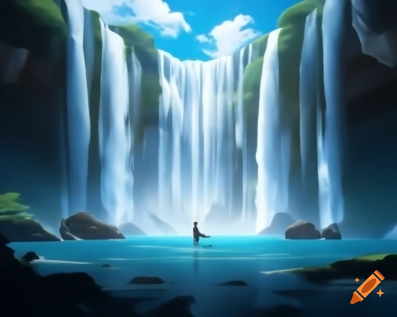 Fisherman casting line against cascading waterfalls with ethereal water arcs