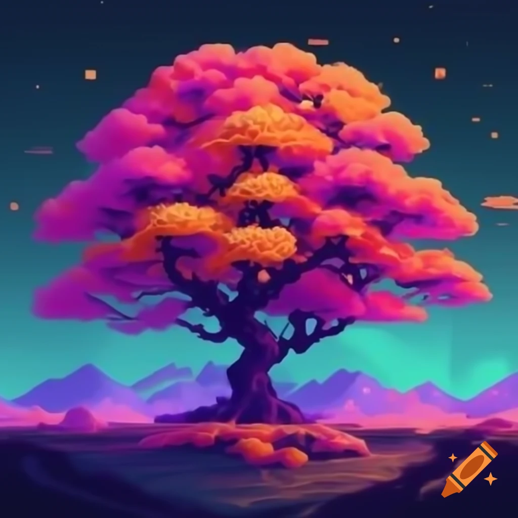 Colorful digital pixel tree artwork