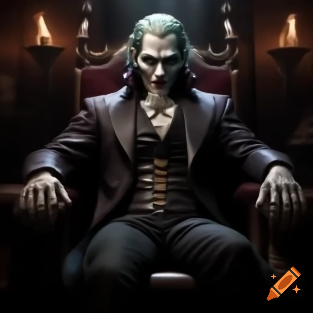 Photorealistic depiction of Dracula with golden eyes and slicked back black hair