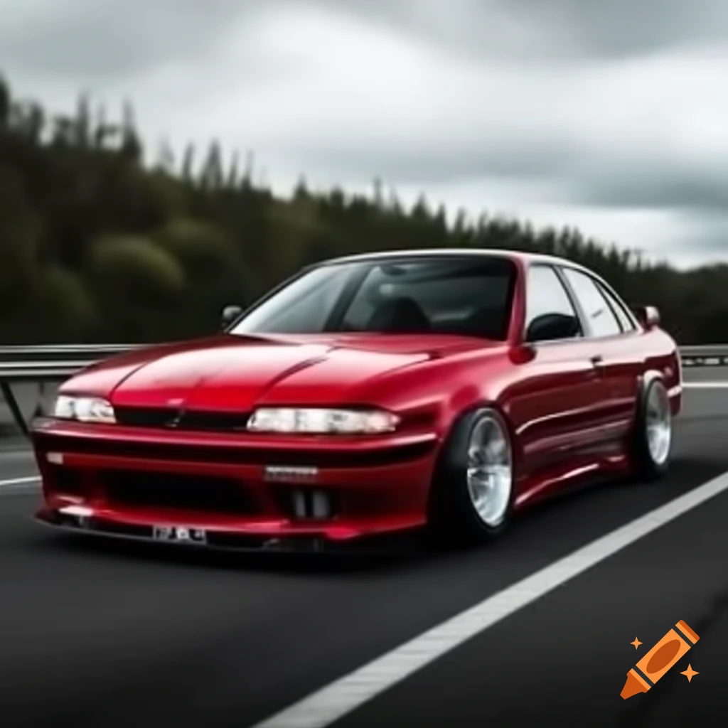 Red Mazda 626 with three wheels on the highway