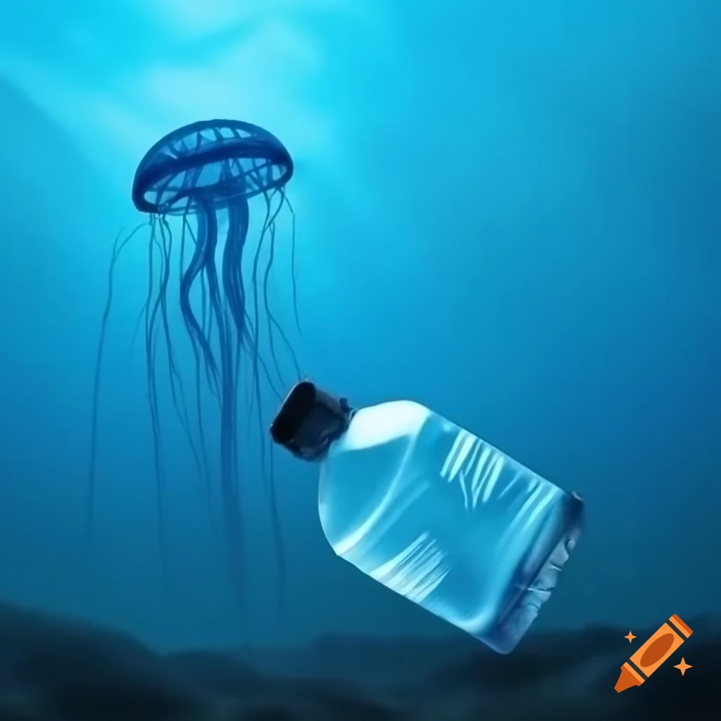Plastic bottle in the sea with a jellyfish in the background