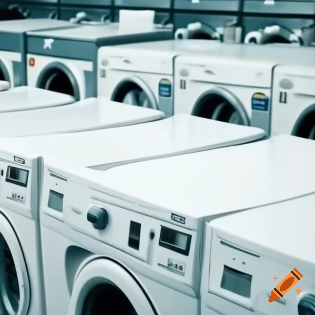 Various white washing machines on display for sale