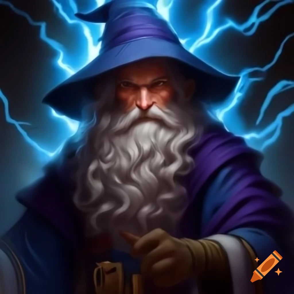 Middle-aged wizard in blue and purple robes with lightning and dragon motifs