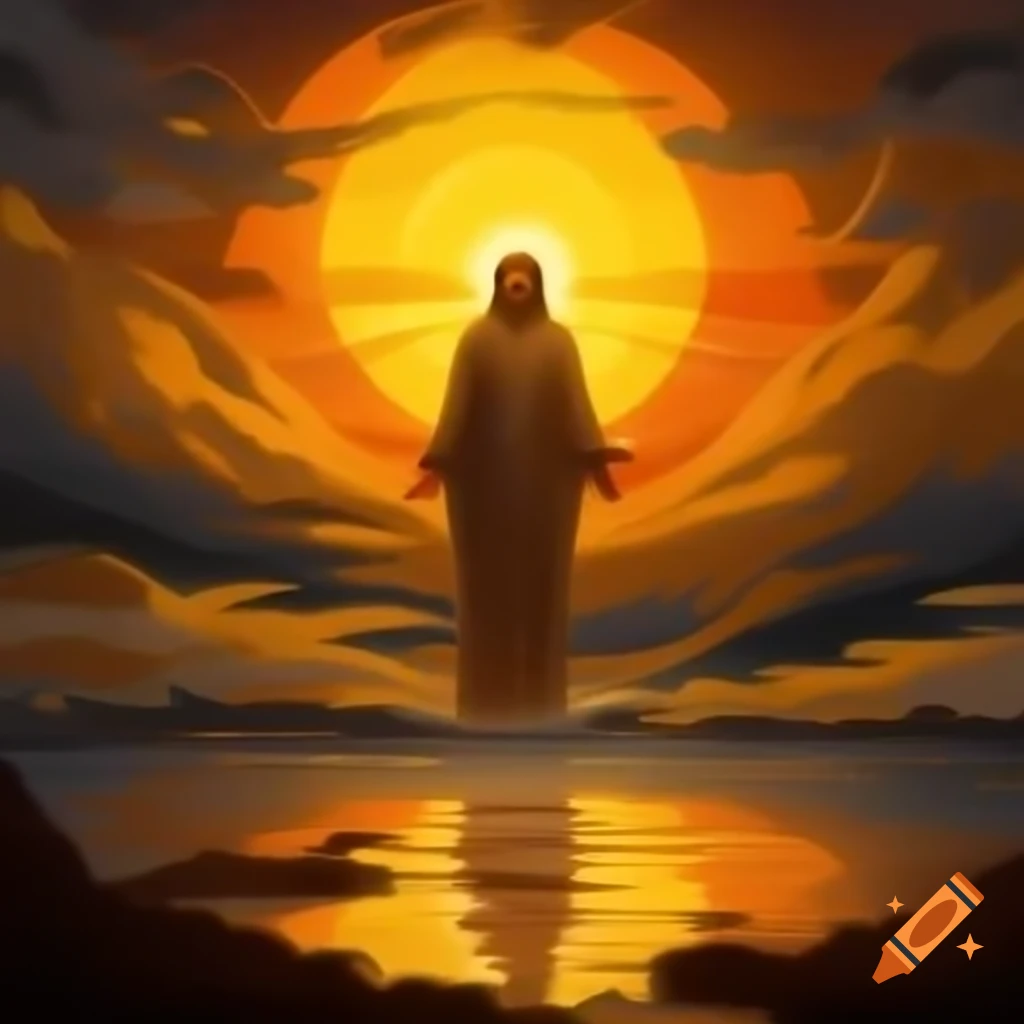 Radiant figure with cross in golden sunset, symbolizing hope and renewal