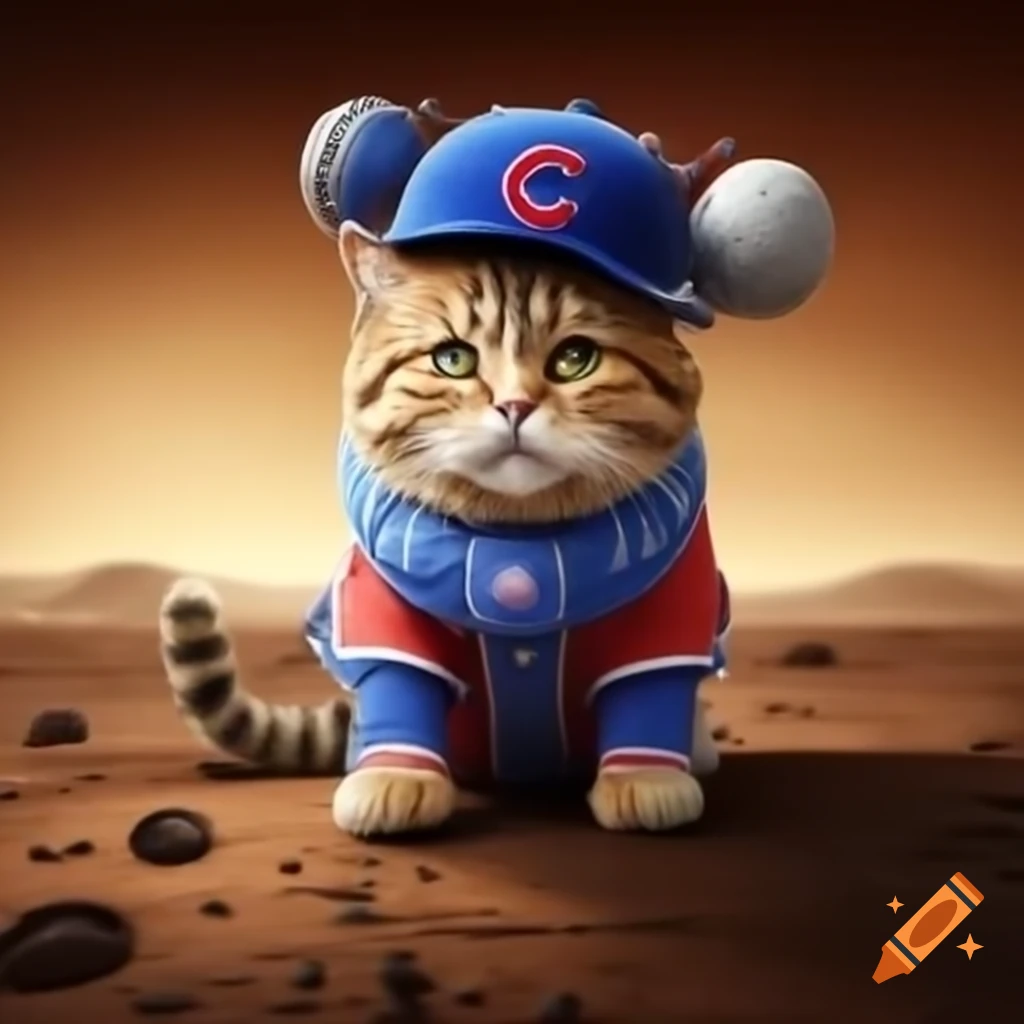 Cat on Mars wearing Chicago Cubs hat on Craiyon, image size:1024x1024