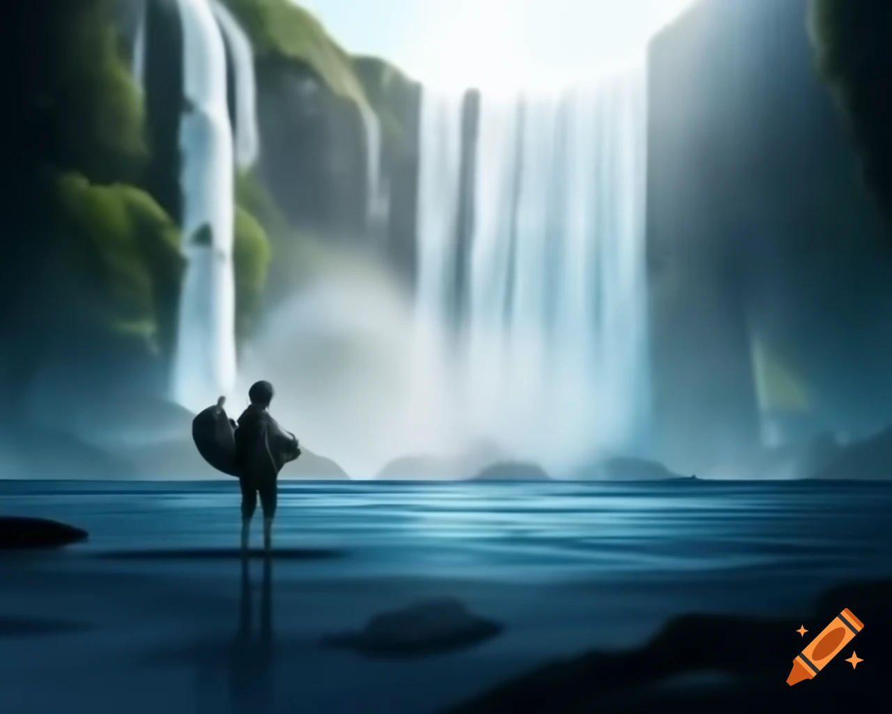 Fisherman casting line against cascading waterfalls with ethereal water arcs