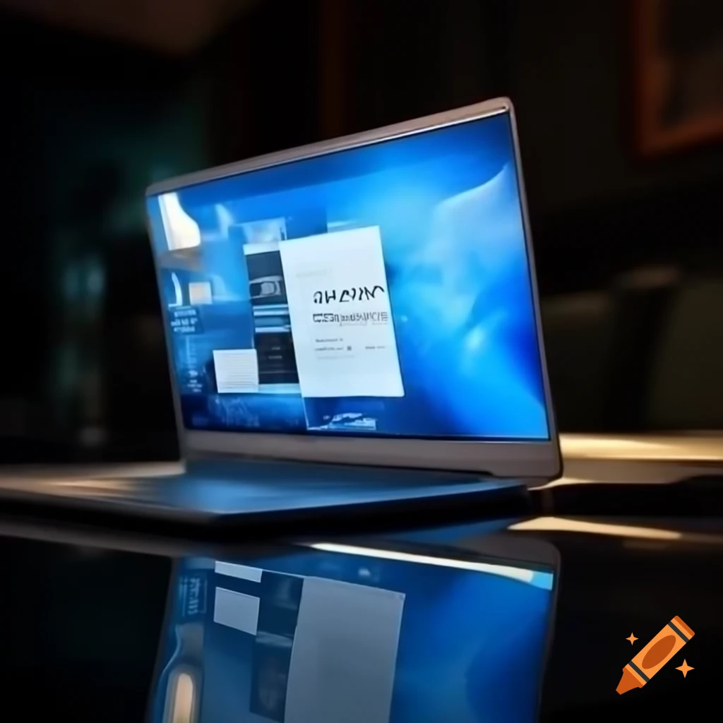 Sleek laptop on polished desk displaying bright PowerPoint presentation
