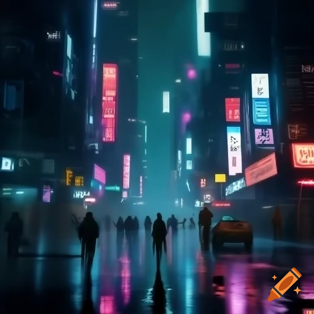 Vibrant neon-lit cyberpunk city at night with rain-soaked streets