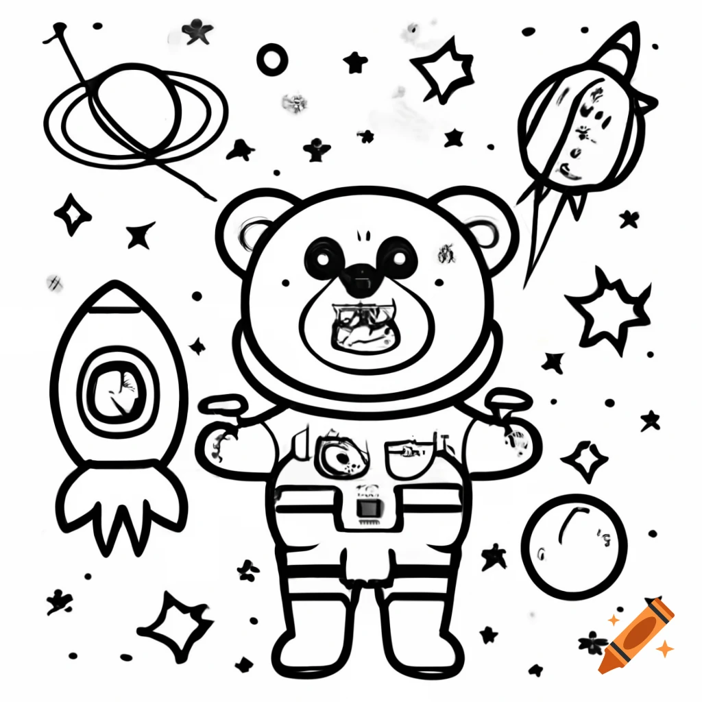 Bear in a space suit floating among stars and planets, line art on Craiyon