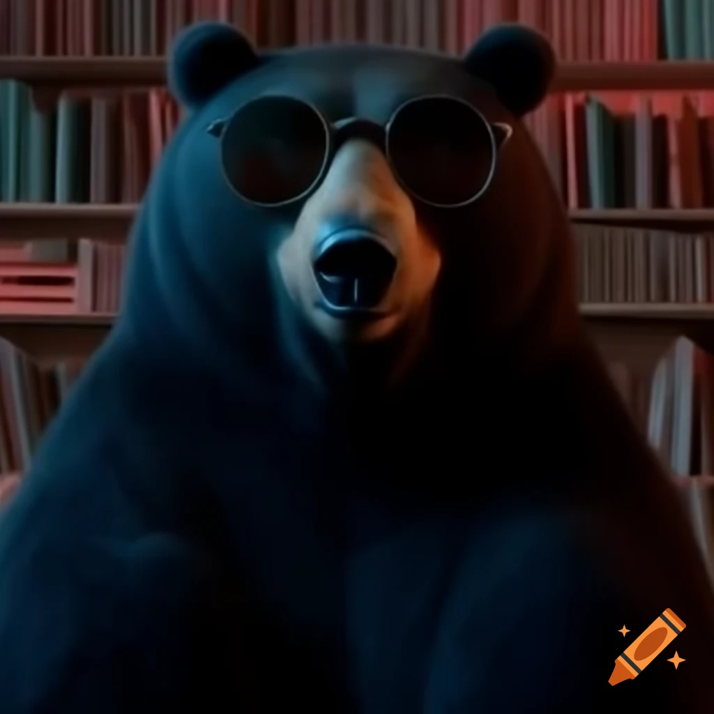 Bear with glasses surrounded by books in a film-noir library setting on ...