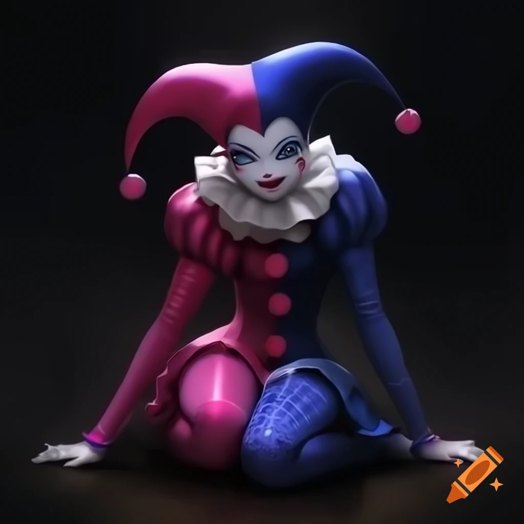 Anime clown girl and dark harlequin girl crouching